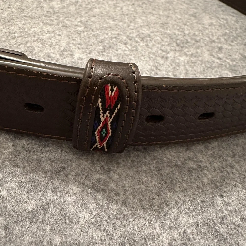 Western Leather Belt Mens 34 Brown Basketweave Southwestern Woven Inlay Buckle